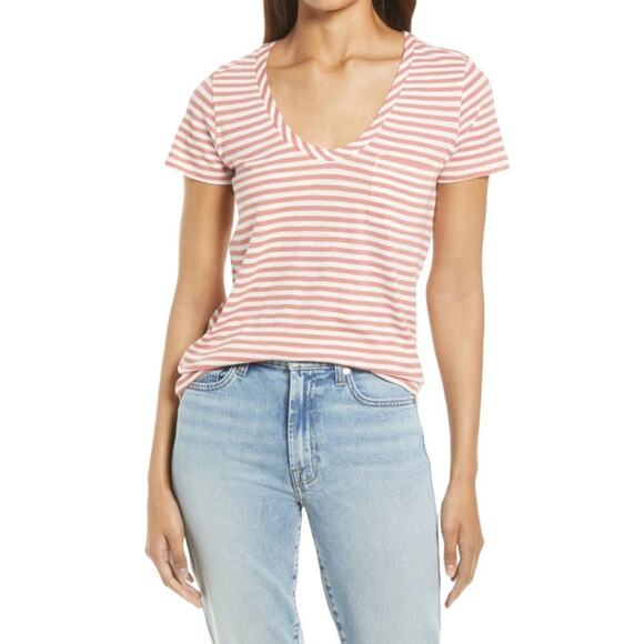 Caslon Rounded V-neck T-shirt Pink Ivory Stripe Size XS NWOT - Picture 1 of 8